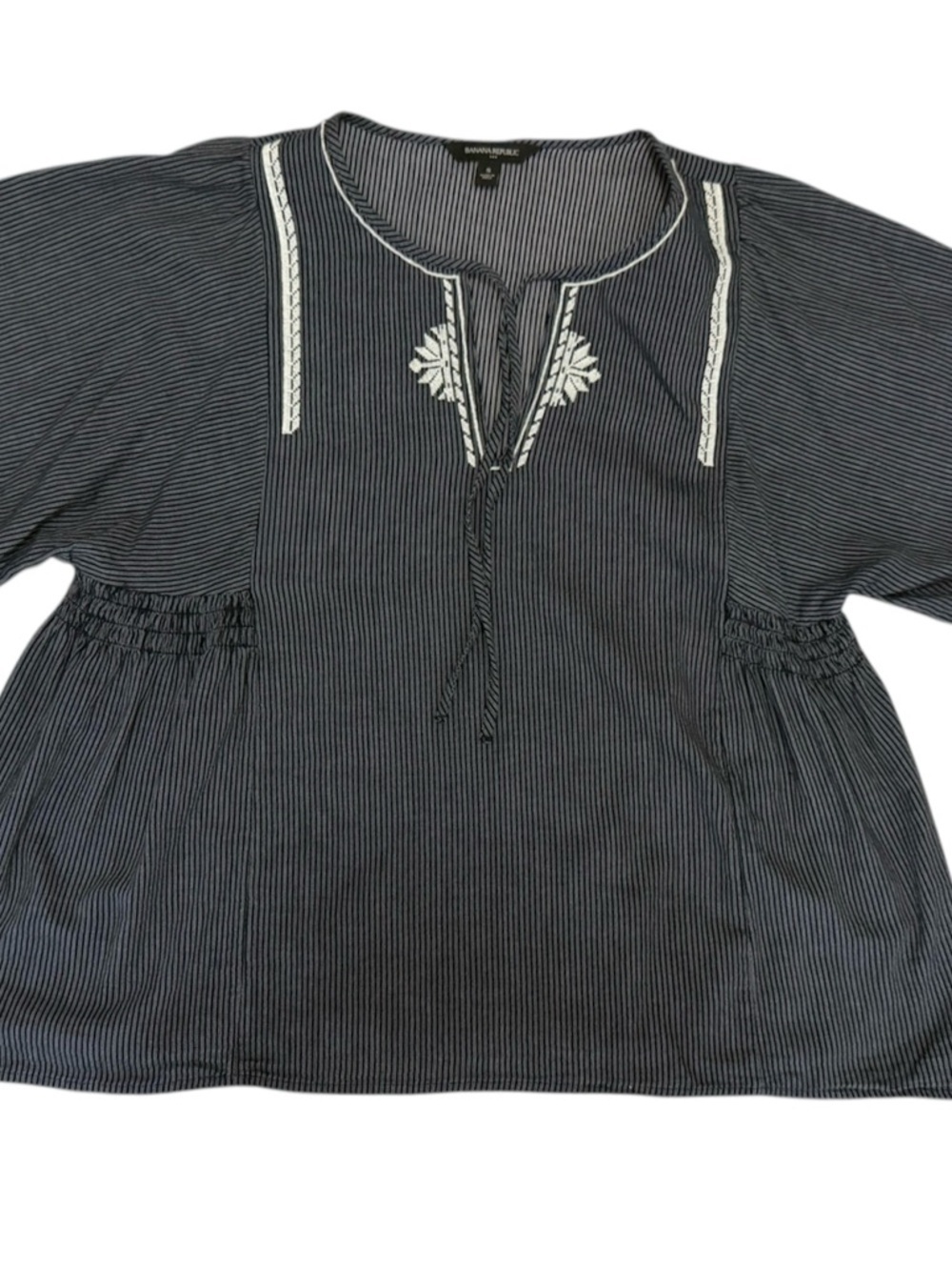 Banana Republic Blue White Striped Short Bell Sleeve Embroidered Top Size Small - Picture 5 of 8